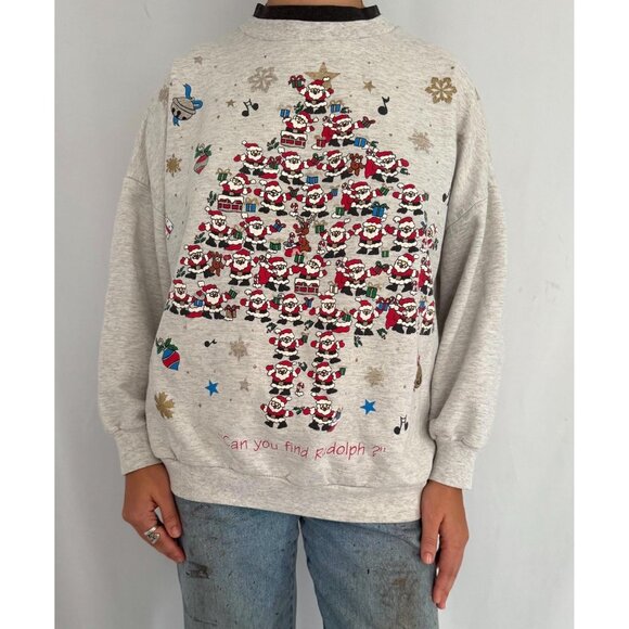 90s vintage grey christmas tree santa holiday graphic collared pullover sweater - Picture 1 of 9